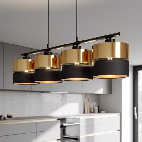 TK Lighting Lampă suspendată Hilton, negru/auriu, 4 becuri, reglabil, Negru, Camera de zi / sufragerie, Metal, Modern