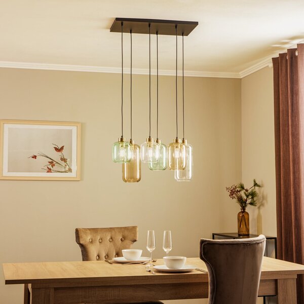 TK Lighting Lampă suspendată Marco Green, 6 becuri, transparent/verde/maro, reglabil, Transparent, Camera de zi / sufragerie, Sticlă, Modern