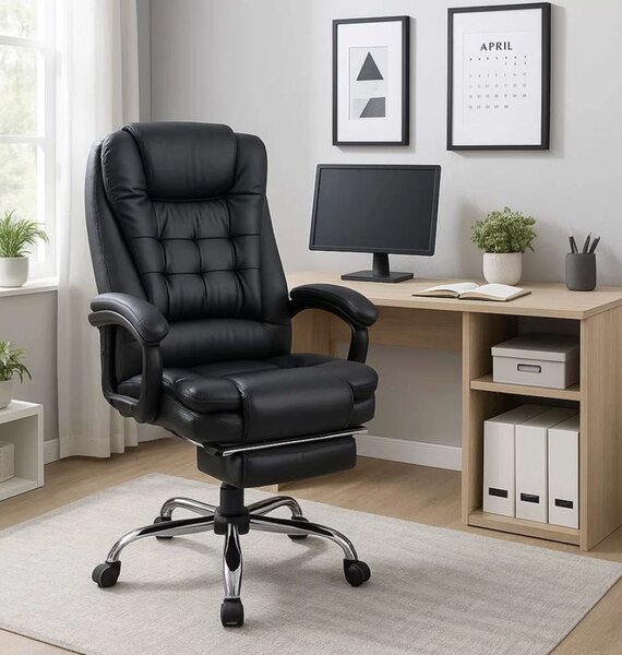 Scaun de birou EMPEROR, suport pentru picioare, recliner 135 , Piele ecologica, Negru