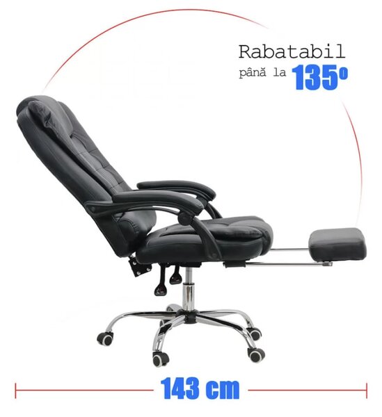 Scaun de birou EMPEROR, suport pentru picioare, recliner 135 , Piele ecologica, Negru