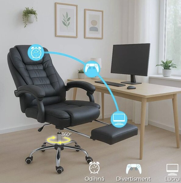 Scaun de birou EMPEROR, suport pentru picioare, recliner 135 , Piele ecologica, Negru
