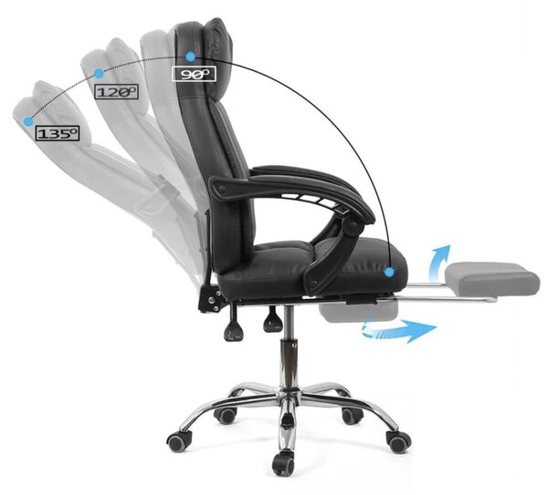 Scaun de birou ZENITH, suport pentru picioare, recliner 135 , Piele ecologica, Negru