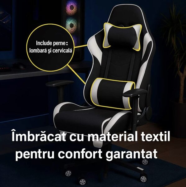 Scaun gaming PHANTOM, cotiere reglabile, suport lombar, Piele ecologica, Alb