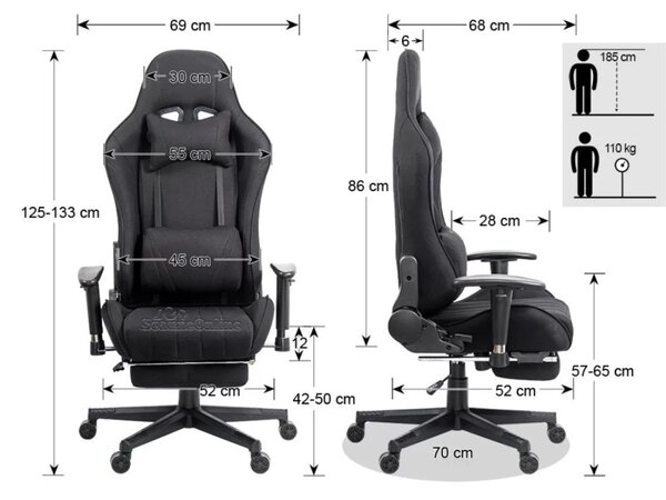 Scaun gaming PHANTOM, cotiere reglabile, suport lombar, Piele ecologica, Negru