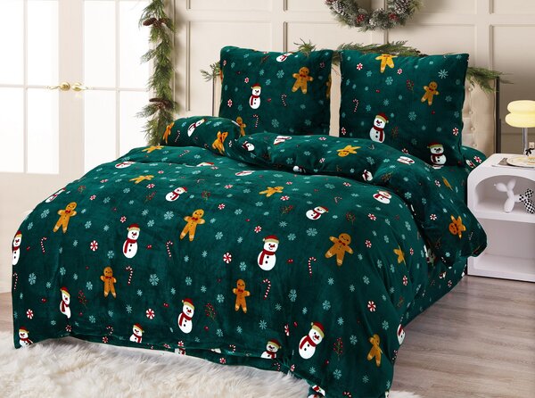 Lenjerie cocolino SNOWMAN AND GINGERBREAD verde Dimensiune lenjerie de pat: 2 buc 70 x 90 cm | 200 x 220 cm