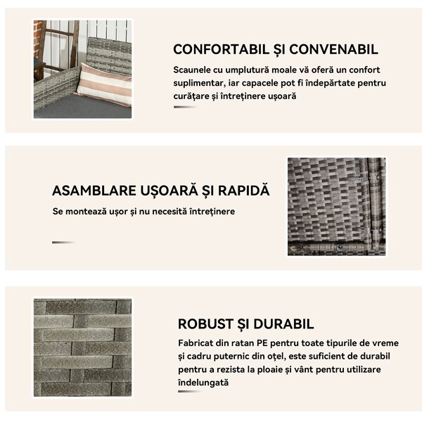 Outsunny Canapea pentru Exterior Gradina sau Terasa cu 3 locuri dim Ratan cu perne si dungi, Gri 173x68x78cm | Aosom Romania