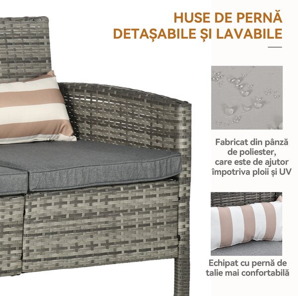 Outsunny Canapea pentru Exterior Gradina sau Terasa cu 3 locuri dim Ratan cu perne si dungi, Gri 173x68x78cm | Aosom Romania