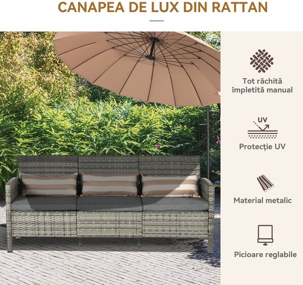 Outsunny Canapea pentru Exterior Gradina sau Terasa cu 3 locuri dim Ratan cu perne si dungi, Gri 173x68x78cm | Aosom Romania