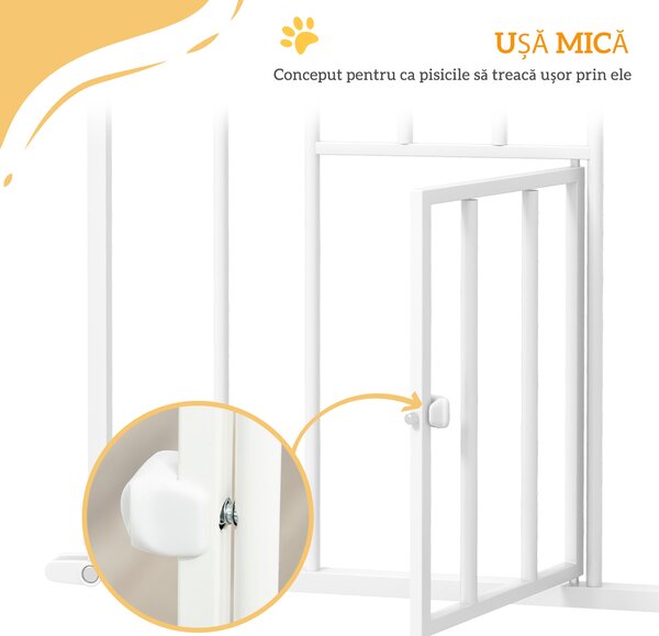 PawHut Poartă Reglabilă pentru Câini Înaltă cu Ușă Mică și Închidere Automată, 74-101x104cm, Alb | Aosom Romania