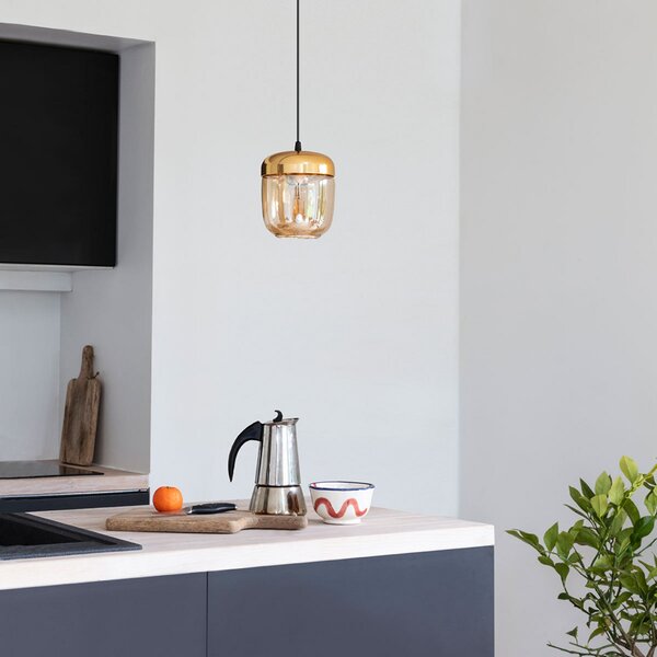 UMAGE Acorn lampă susp. 1 bec chihlimbar alamă, reglabil, Auriu / Alamă, Camera de zi / sufragerie, Sticlă, Design
