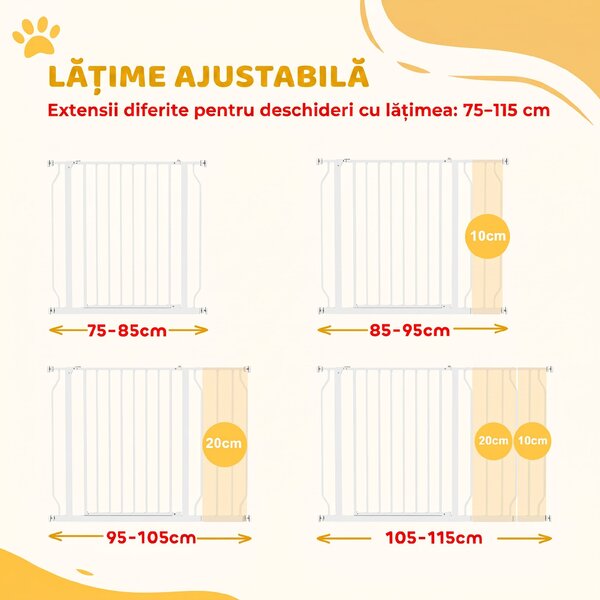 PawHut Poartă de Siguranță pentru Câini din Oțel și ABS, Poartă Extensibilă pentru Câini pentru Scări și Uși, 75-115 cm, Alb