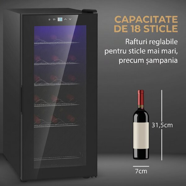 HOMCOM Frigider pentru Vinuri, Frigider de Vin cu Control al Temperaturii, Ecran Tactil Digital și Lumină LED, 18 Sticle, 34.5x45x78 cm, Negru