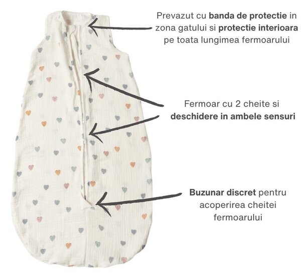 Sac de dormit de vara pentru copii din muselina dubla 3-18 luni Kidizi Color Hearts, 0.3 tog