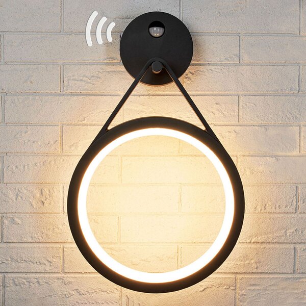 Lucande Aplică LED de exterior Mirco cu senzor, inelară, Negru, Metal, Modern, Soclu de perete jos