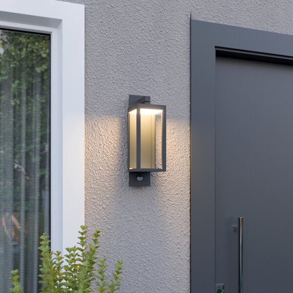 Lucande Aplică LED pentru exterior Ferdinand, senzor, gri închis, Gri, Sticlă, Modern, Felinar