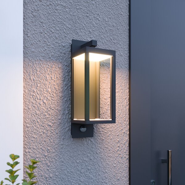 Lucande Aplică LED pentru exterior Ferdinand, senzor, gri închis, Gri, Sticlă, Modern, Felinar