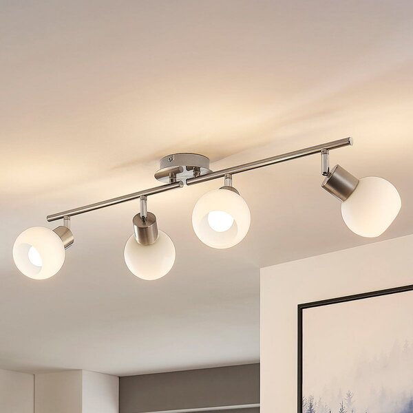 Lindby plafonieră Elaina, 70 cm, 4 becuri, nichel, sticlă, E14, reglabil, Metalic, Camera de zi / sufragerie, Metal, Modern, glob