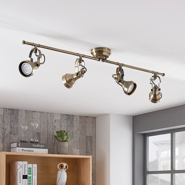 Lindby Plafonieră Perseas, 78 cm, 4 becuri, alamă antică, GU10, reglabil, Bronz / Alamă Veche, Camera de zi / sufragerie, Metal, Antichitate