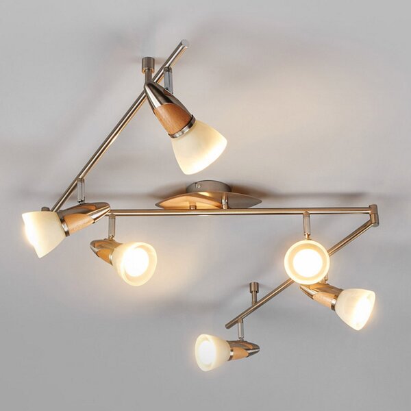 Lindby plafonieră Marena, 6 becuri, sticlă, lemn, 180 cm lungime, reglabil, Lemn, Camera de zi / sufragerie, Metal, Casă de țară / Rustic