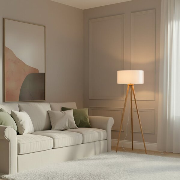 Lindby lampadar Charlia, alb, lemn, înălțime 150cm, Alb, Camera de zi / sufragerie, Țesătură / Textil, Scandinavă, Tripod