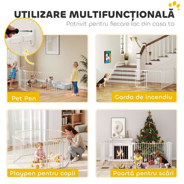 PawHut Gard pentru Câini cu 8 Panouri Modulabile cu Închidere Automată, din Oțel și ABS, 61x3x75 cm, Alb | Aosom Romania