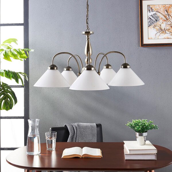 Lindby lampă suspendată Otis, Ø 68 cm, 5 becuri, alb, sticlă, E27, reglabil, Bronz / Alamă Veche, Bucătărie, Sticlă, Antichitate