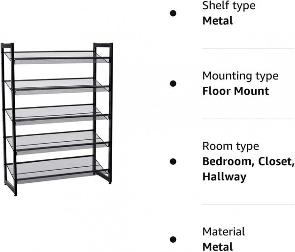 Raft depozitare pantofi 5 niveluri cu rafturi din plasă metalică, negru 74x30x104cm