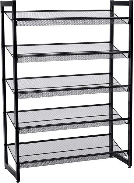 Raft depozitare pantofi 5 niveluri cu rafturi din plasă metalică, negru 74x30x104cm