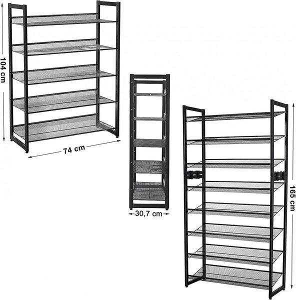 Raft depozitare pantofi 5 niveluri cu rafturi din plasă metalică, negru 74x30x104cm