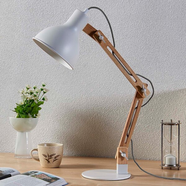 Lindby Shivanja lampă de birou din lemn cu abajur alb, Lemn, Studiu / Birou, Lemn, Modern