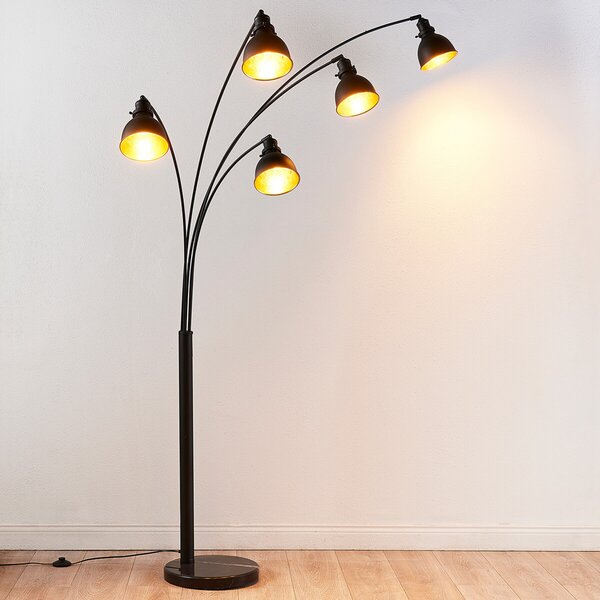 Lindby lampadar Lira, 5 becuri, înălțime 205 cm, negru, auriu, Negru, Camera de zi / sufragerie, Metal, Modern, Proiector suspendat