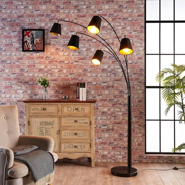 Lindby Lampă arcuită Tinne, negru/auriu, marmură, 5 becuri, E14, Negru, Camera de zi / sufragerie, Țesătură / Textil, Modern