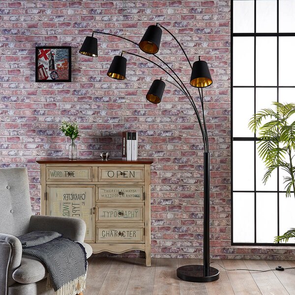Lindby Lampă arcuită Tinne, negru/auriu, marmură, 5 becuri, E14, Negru, Camera de zi / sufragerie, Țesătură / Textil, Modern