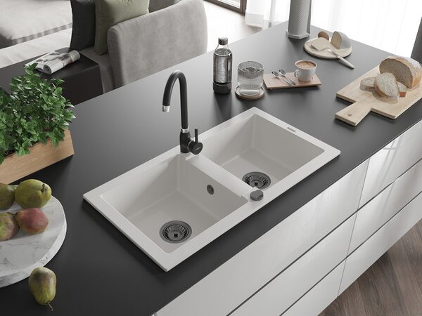 Mexen Mario, chiuveta granit 820x436x161 mm, 2 camere, alb cu sifon negru, 6504822000-20-B