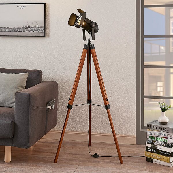 Lindby Hilma lampadar lemn cu cadru 3 picioare, Maro / Rugină, Camera de zi / sufragerie, Lemn, Design industrial