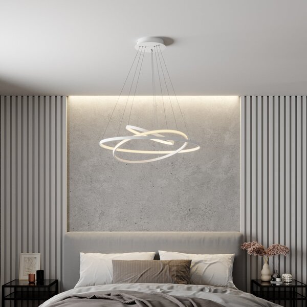 Lucande Lampă suspendată LED Ezana, albă, metal, Ø 80 cm, reglabil, Alb, Camera de zi / sufragerie, Metal, Modern