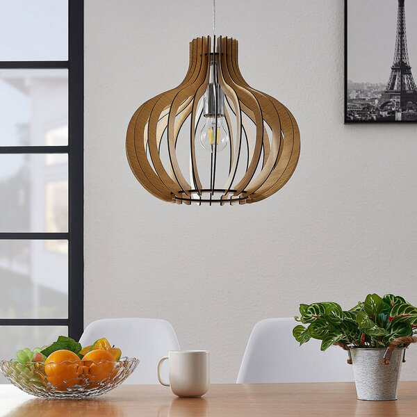 Lindby Lampă suspendată Sina, Ø 35 cm, lemn, E27, reglabil, Lemn, Camera de zi / sufragerie, Lemn, Scandinavă