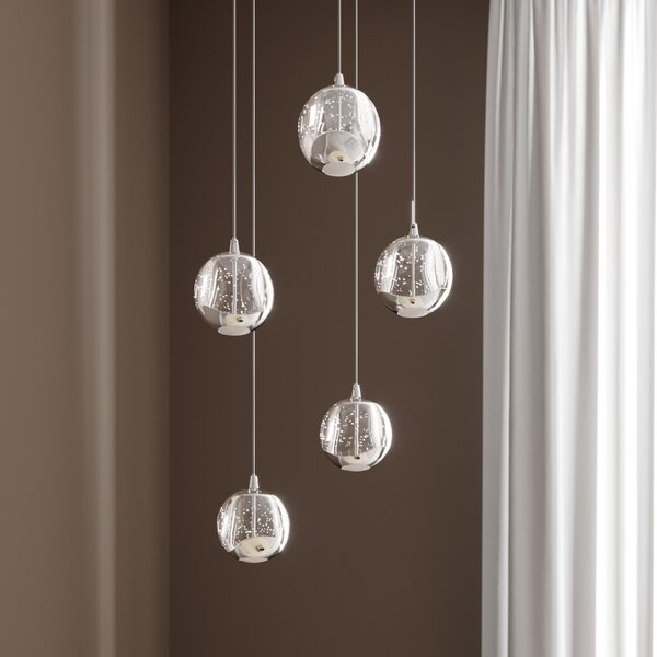 Lucande Lampă suspendată LED Hayley, Ø 30 cm, 5 becuri, crom, sticlă, Transparent, Camera de zi / sufragerie, Sticlă, Modern