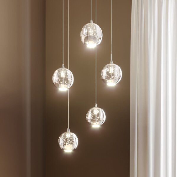 Lucande Lampă suspendată LED Hayley, Ø 30 cm, 5 becuri, crom, sticlă, Transparent, Camera de zi / sufragerie, Sticlă, Modern