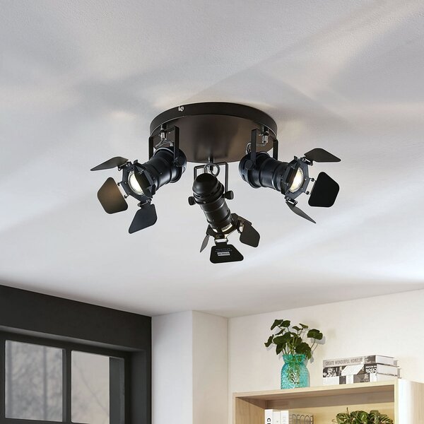 Lindby Spot de plafon Tilen, 3 becuri, negru, metal, Ø 54cm, reglabil, Negru, Camera de zi / sufragerie, Metal, Design industrial