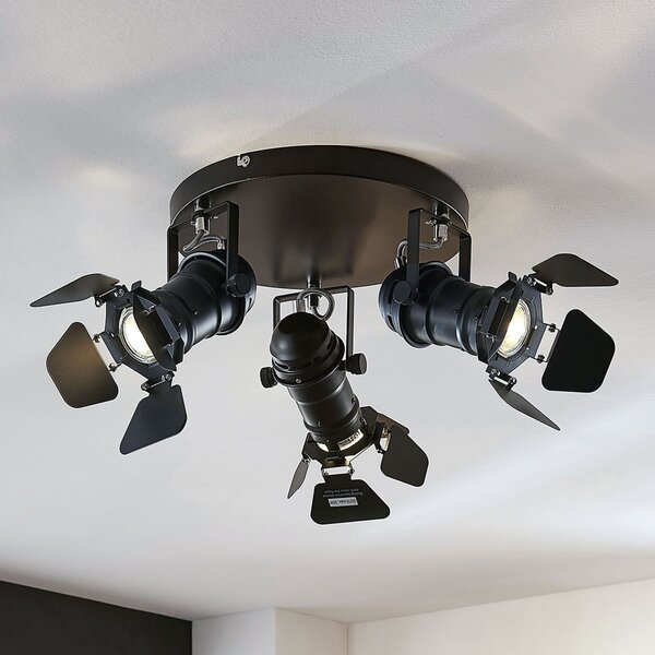 Lindby Spot de plafon Tilen, 3 becuri, negru, metal, Ø 54cm, reglabil, Negru, Camera de zi / sufragerie, Metal, Design industrial