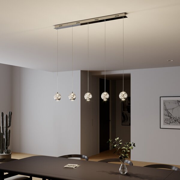Lucande Lampă suspendată LED Hayley, 96 cm, 5 becuri, crom, sticlă, Transparent, Camera de zi / sufragerie, Sticlă, Modern