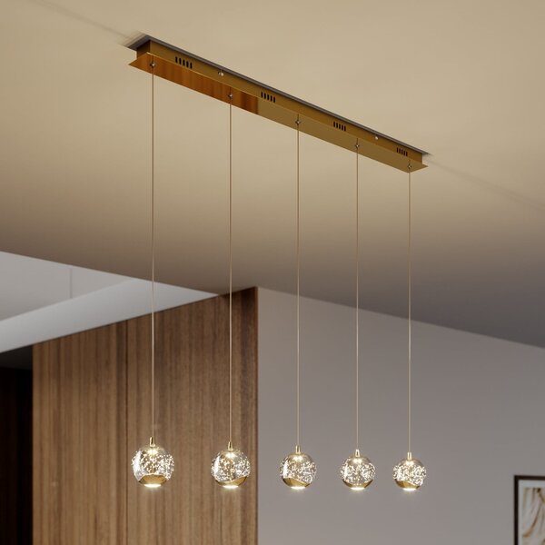 Lucande Lampă suspendată LED Hayley, 96 cm, 5 becuri, aur, sticlă, Transparent, Camera de zi / sufragerie, Sticlă, Modern