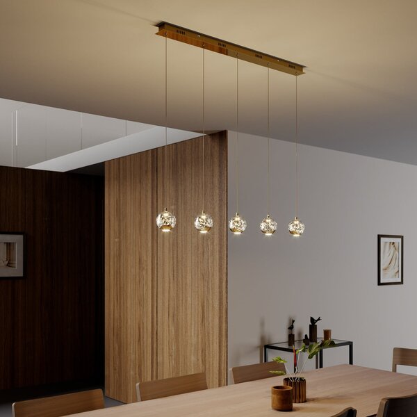Lucande Lampă suspendată LED Hayley, 96 cm, 5 becuri, aur, sticlă, Transparent, Camera de zi / sufragerie, Sticlă, Modern