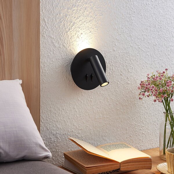 Lucande Aplică de perete cu LED Magya, negru 2 becuri, rotund, Negru, Camera de zi / sufragerie, Aluminiu, Modern, Priză de perete sus / jos