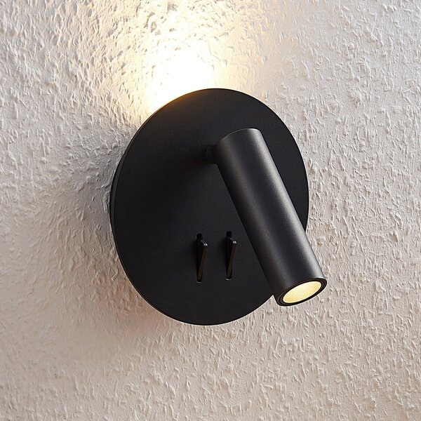 Lucande Aplică de perete cu LED Magya, negru 2 becuri, rotund, Negru, Camera de zi / sufragerie, Aluminiu, Modern, Priză de perete sus / jos
