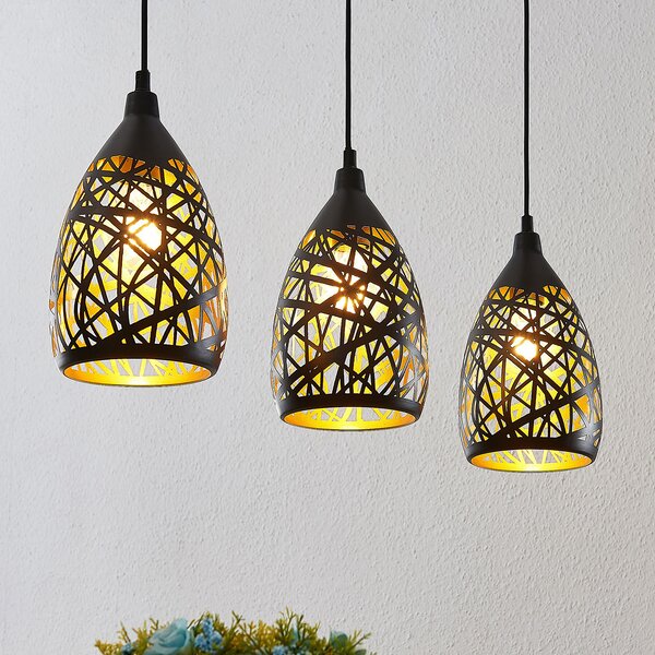 Lindby Marcello lampă suspendată, 75 cm, 3 becuri, negru-auriu, reglabil, Negru, Camera de zi / sufragerie, Metal, Modern