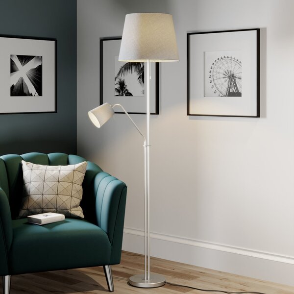 Lindby lampadar Nantwin, 175 cm, gri, nichel, textil, Gri, Camera de zi / sufragerie, Țesătură / Textil, Modern, Lumină de lectură