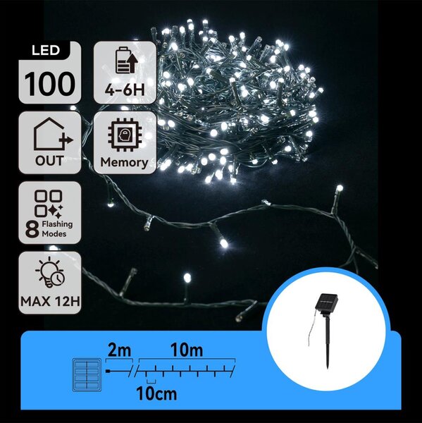 Aigostar - Ghirlandă solară cu LED, 100 LED, 8 funcții, 12 m, IP65, alb rece