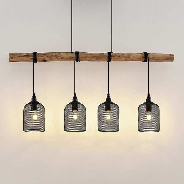 Lindby lampă suspendată Elrond, 116 cm, negru, 4 becuri, lemn, reglabil, Lemn, Camera de zi / sufragerie, Lemn, Casă de țară / Rustic